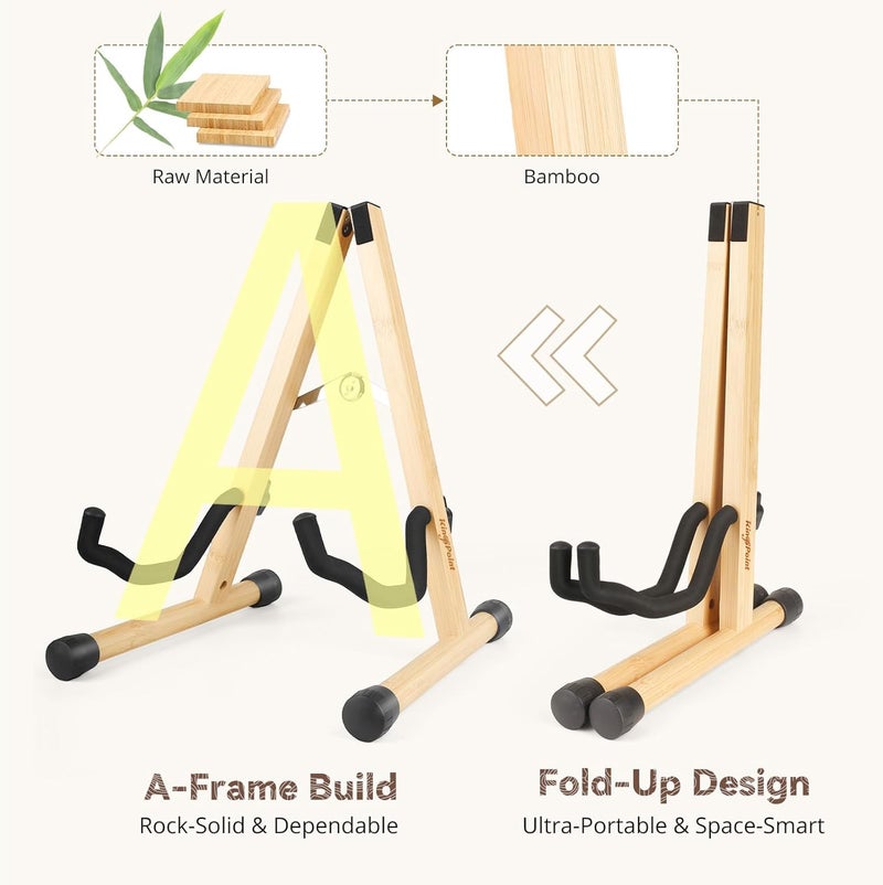 KingPoint Guitar Stand, Guitar Floor Stand, Acoustic Electric Wooden A Frame Folding Guitar Holder Adjustable for Bass, Cello, Mandolin, Banjo, Ukulele (Bamboo) - Image 2